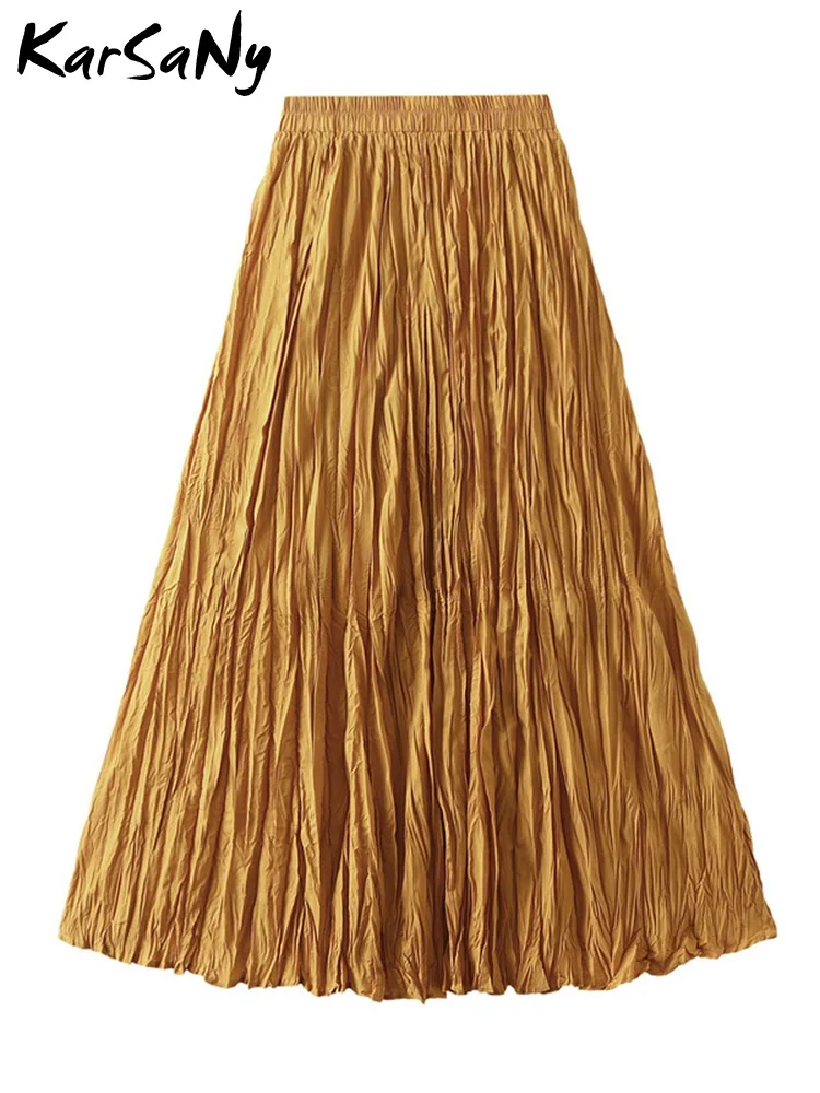 KarSaNy التنانير الطويلة ذات الثنيات للمرأة عالية الخصر تنحنح كبير تنورة خضراء الصيف المرأة ألف خط تنانير طويلة للنساء 2025 طويلة #6