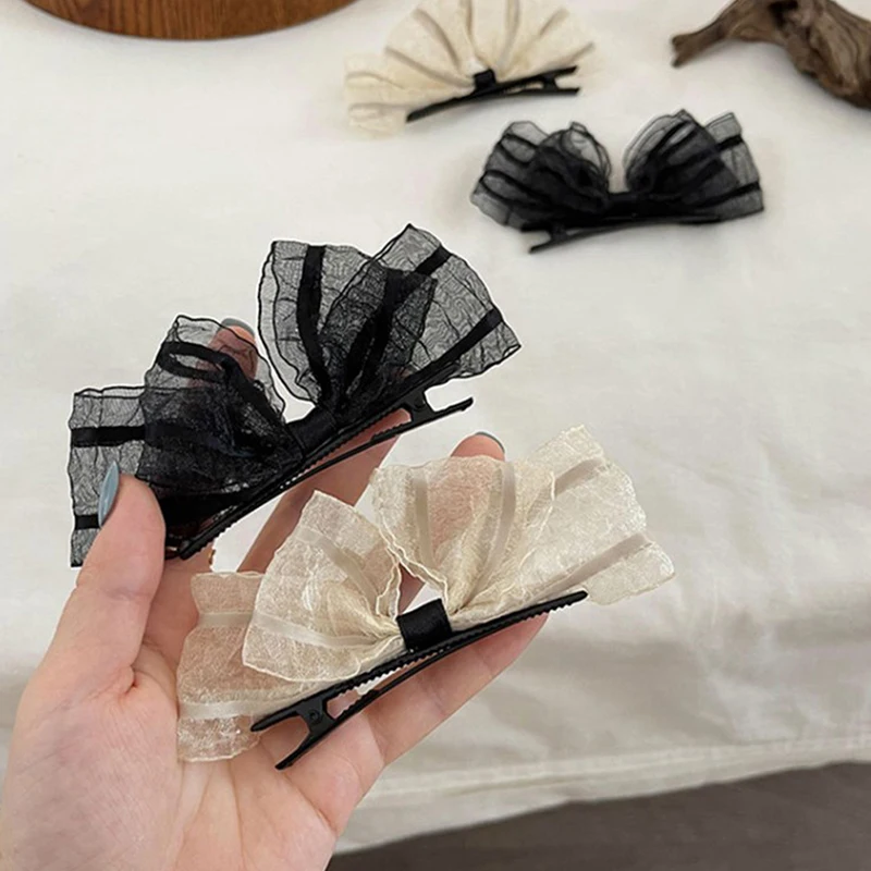 2Pcs Girls Cute Lace Bow Hairpin Side Clips Black Beige Hairgrips Nakrycie głowy Kobiety Impreza Festiwal Akcesoria do włosów