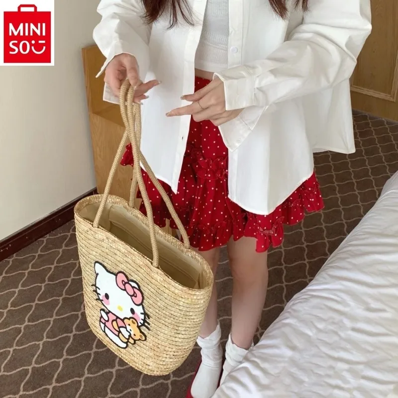 MINISO 2024 Fashion Woven Vegetable Basket Cute Girl Handbag Women's Sweet Large Capacity Versatile Outdoor Beach Bag