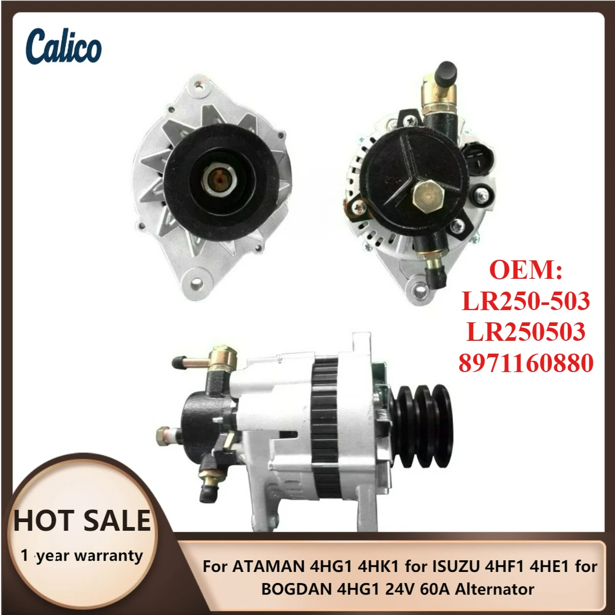 

Zero Defect Suitable for ATAMAN 4HG1 4HK1 for ISUZU 4HF1 4HE1 for BOGDAN 4HG1 24V 60A Alternator LR250-503 LR250503 8971160880
