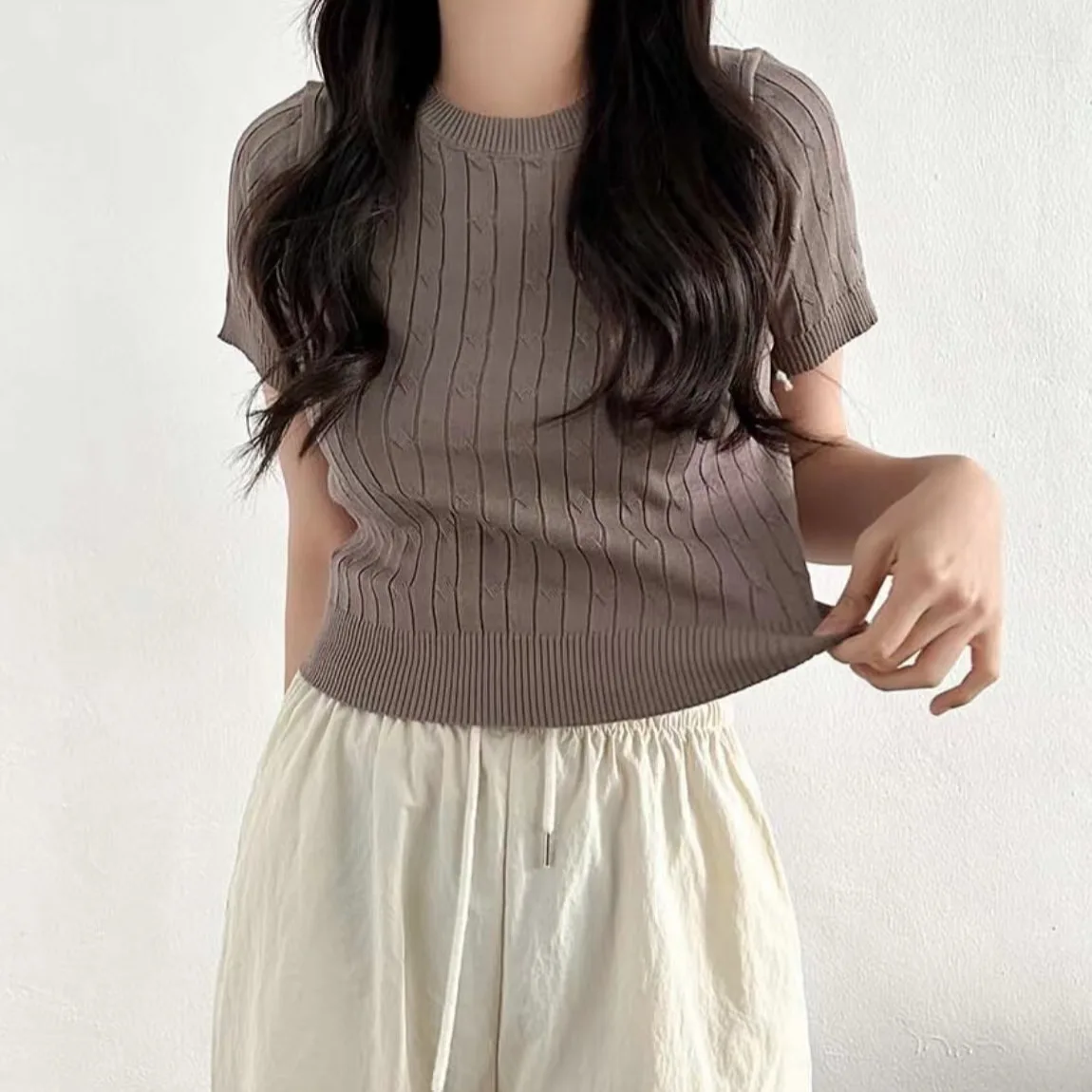 Gebreide damessweater rond Ne ort Sve Slim Fit Pure Color Design Summer Faion Inner Wear T-shirt ort Top