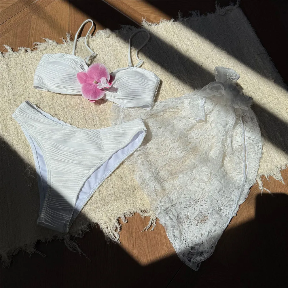3D fleur Bikinis ensembles 3 pièces dentelle maille couverture Ups solide blanc Texture maillots de bain Sexy maillot de bain femmes vêtements de plage baigneur Biquinis