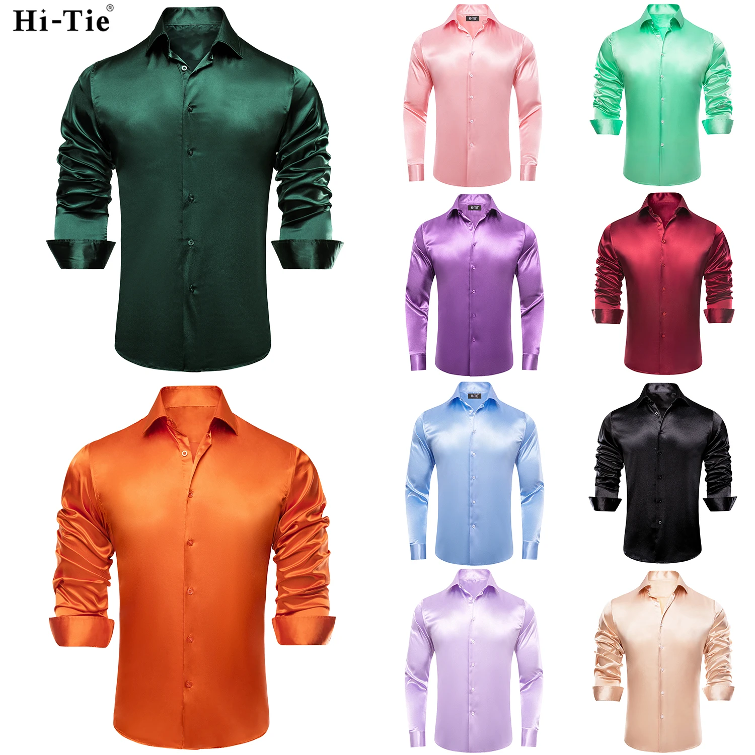 Hi-Tie Dark Green Orange Men\'s Long Sleeve Plain Satin Silk Dress Shirts Casual Formal Blouse Shirt Luxury Designer Men Clothing