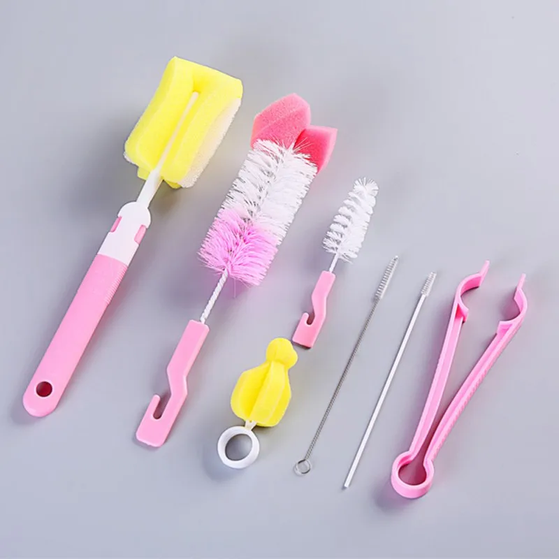 7Pcs/set Brush Sponge Rotation Baby Pacifier Cup Nipple Cleaning Brushes Set Handheld Baby Feeding Bottle Cleaning Tools