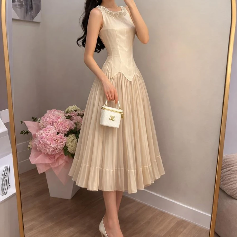 

Women's A-line Evening Dresses Tea-length Scoop-neck Sleeveless Prom Gown Fashion Beading Simple Draped Customized Gowns