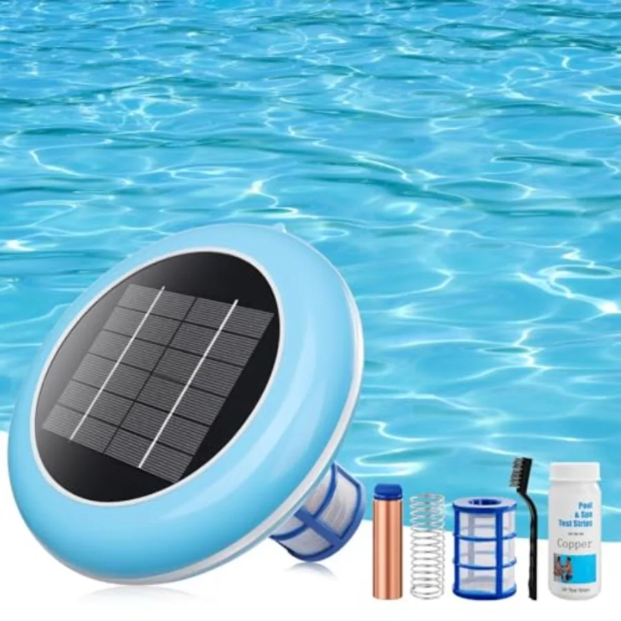

Pool Ionizer for residential pools, copper ionization, blue, solar powered with floating automatic cleaner, 85 less chlorine us