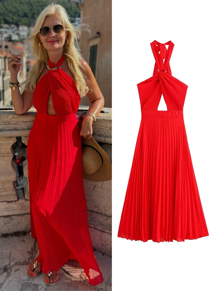 

TRAFZA Woman Fashion Beach Style Long Dress Sleeveless Backless Hollow Out Decorate Zipper Summer Dresses Woman Trendy 3 Color