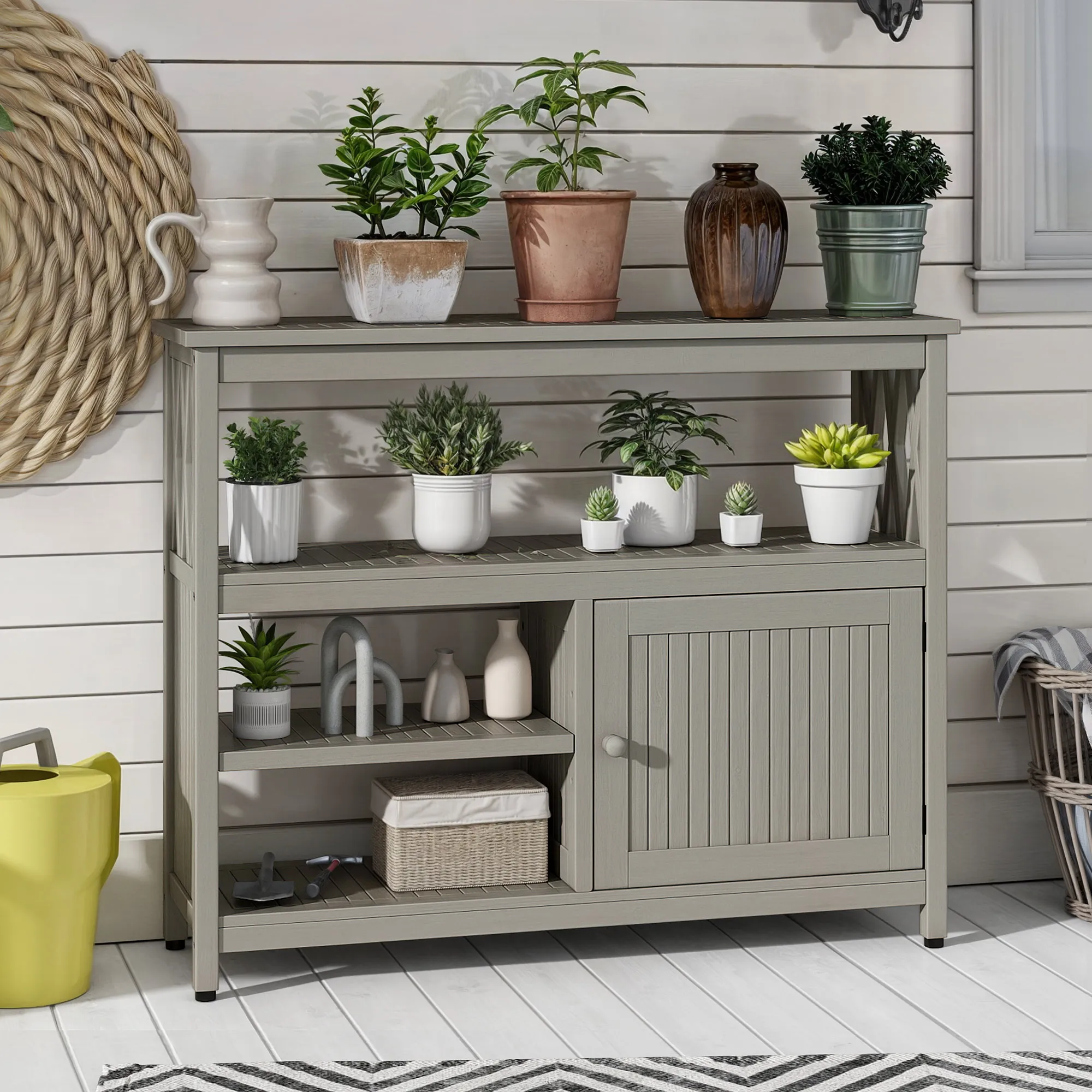 4-Tier Wood Buffet Sideboard Cabinet with Door, Patio Storage Cabinet with Adjustable Shelf, Gray