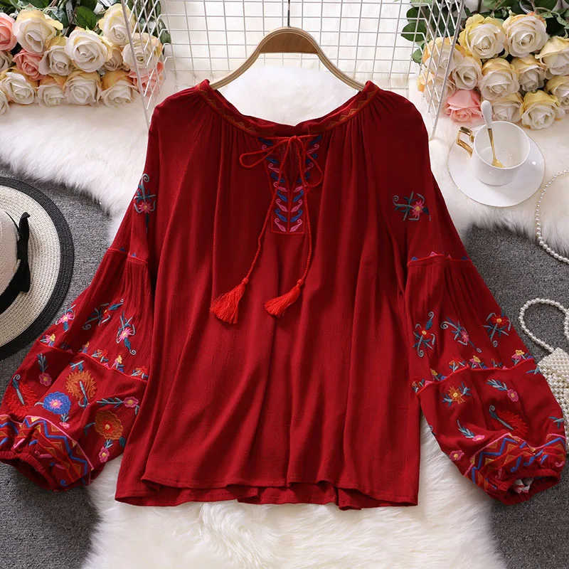 Spring Women Blouse Indie Folk Embroidery Lace-Up Tassel O-Neck Lantern Sleeve Tops Loose Cotton Female Blusa Casual Shirts