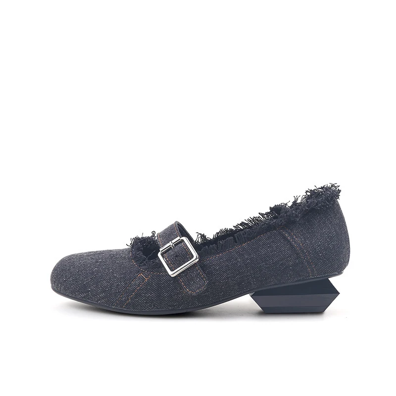 

Black metal buckle straps decoration shallow round toe work cozy daily wear pure color denim versatile women pump HL555 MUYISEXI