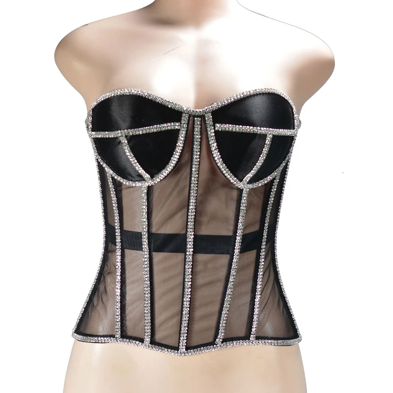 Sexy Women\'s Mesh Overbust Corset Tops 2023 Elegant See Through Diamond Bra Corsets and Bustiers Sliming Body Shaper Lingerie