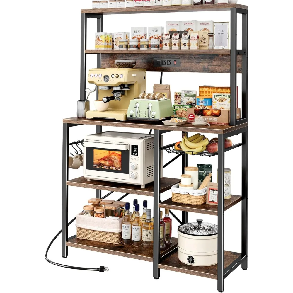 

Bakers Rack with Power Outlet, 35.4 Inches Coffee Bar with Wire Basket, Kitchen Microwave Stand with 6 S-Shaped Hooks,