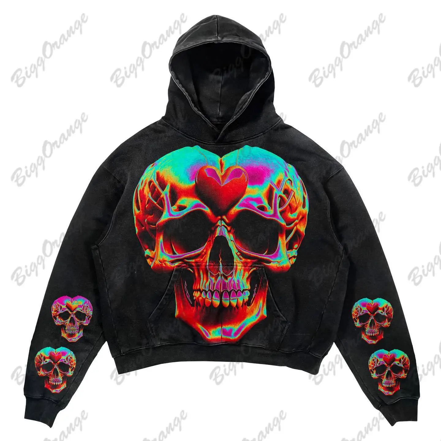 

Heart shaped skull head and arm printed Gothic sweater, dark print high street punk style top, men's and women's hoodie blacky2k