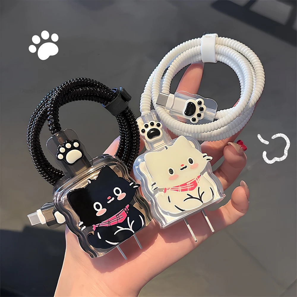 Cute Cat Silicone Charger Cable Protector Case Cover For iPhone 20W 18W Charging Head Protection Sleeve Data Cable Organiser