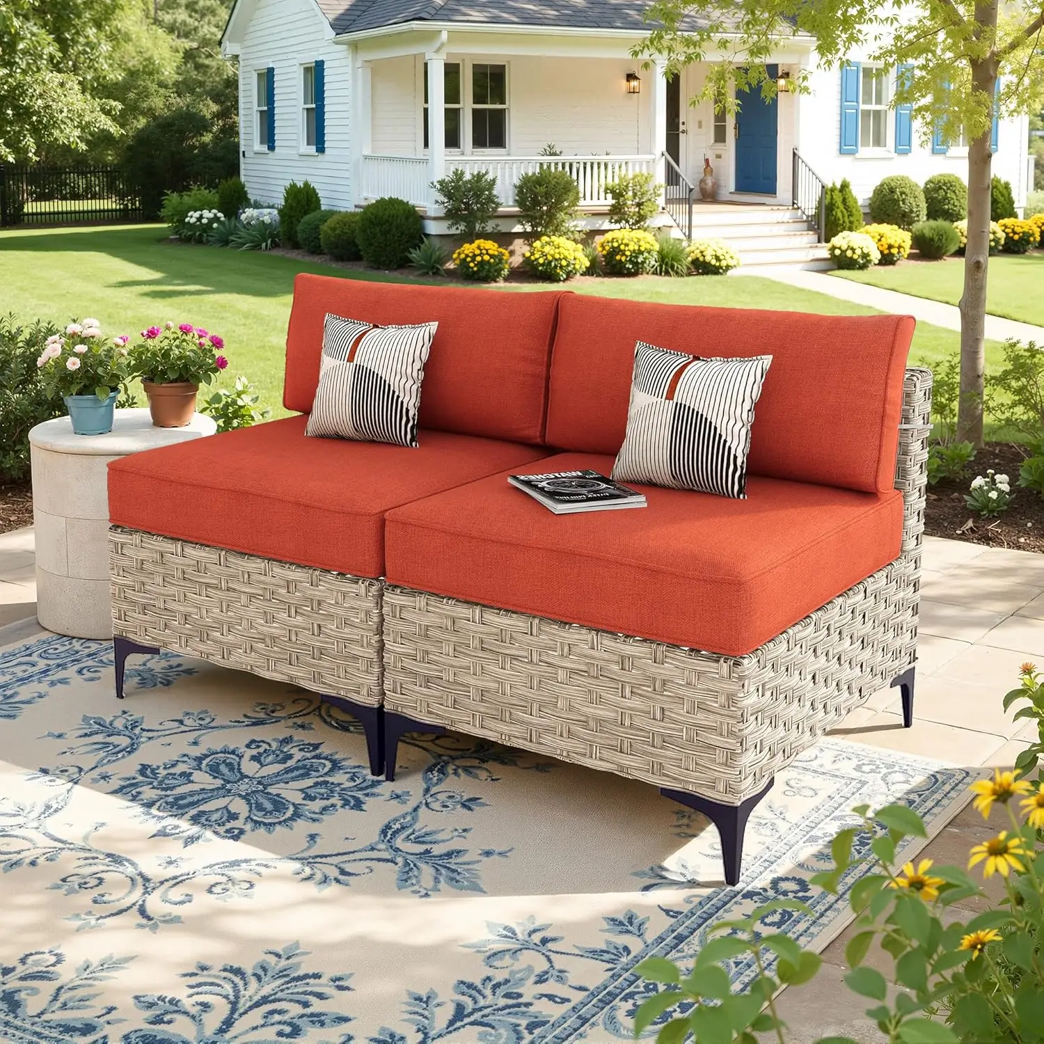 

2 Pieces Patio Sectional Furniture Set, Outdoor Wicker Sectional Couch Middle Seats, Modern Conversation Set for Porch B
