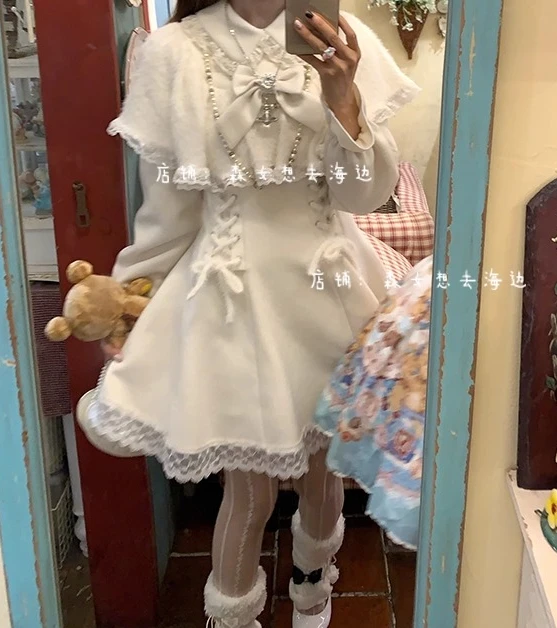 French Princess Style Lolita Woolen Jackets Autumn and Winter New Women's Slim Fit Elegant Cape Collar Long Coat Lady Outwear