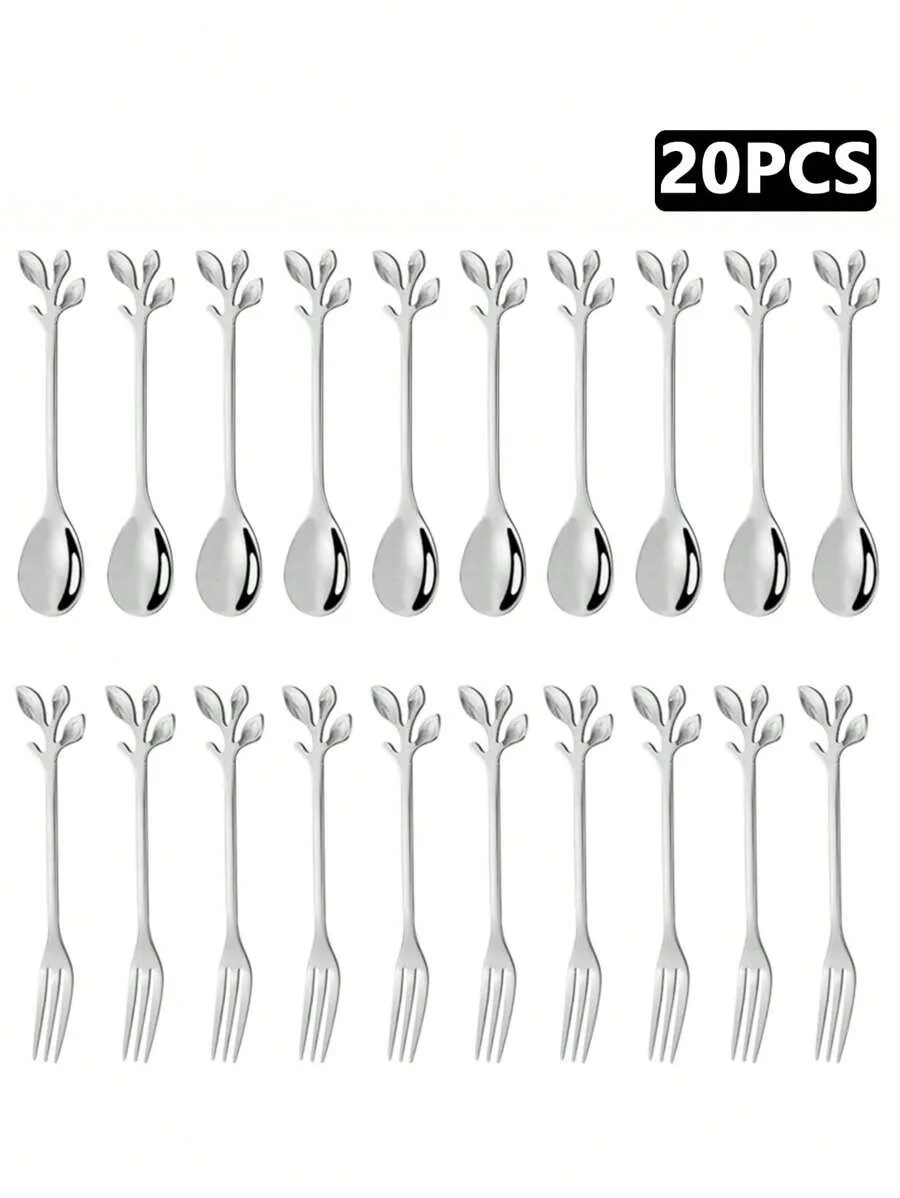 4/12/20pcs Stainless Steel Dessert Fork and Coffee Spoon with Leaf Handle Design, Suitable for Home, Kitchen and Restaurant