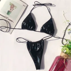 Shiny PU Mini Micro Bikini 2024 Strój kąpielowy damski Brazylijski strój kąpielowy Dwuczęściowy zestaw bikini Strój kąpielowy z wysokim stanem Swim Lady