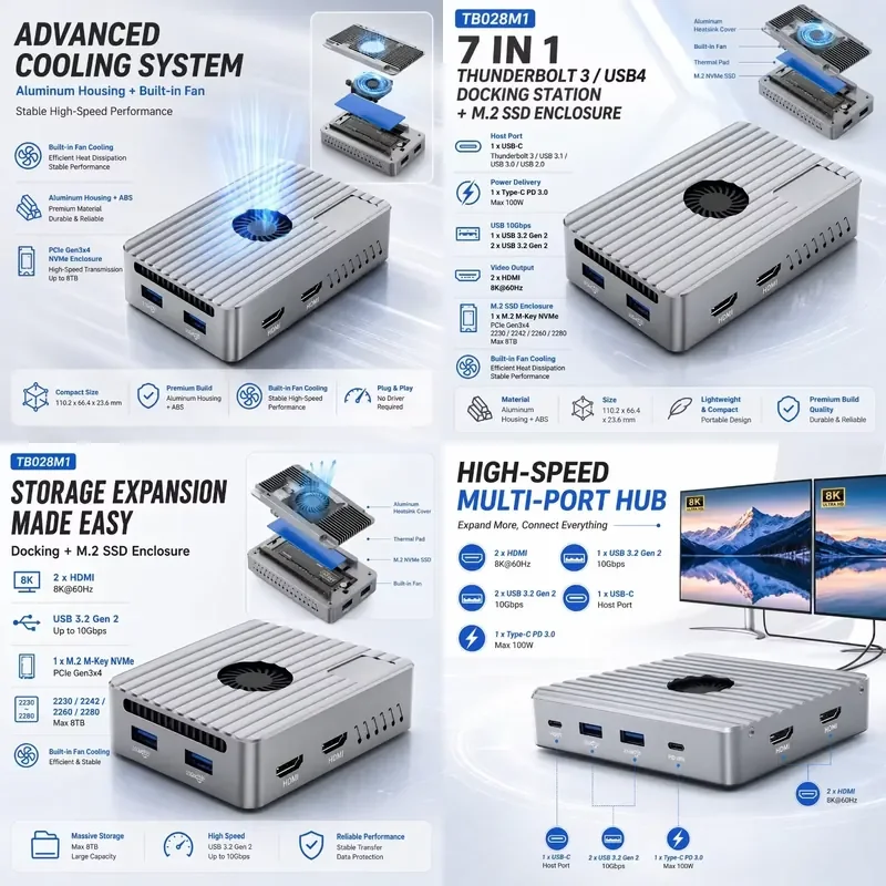 AP01 for 7-in-1 3 USB4 Docking Station with M.2 NVMe Enclosure 8K 10Gbps USB 100W PD Support up to 8TB