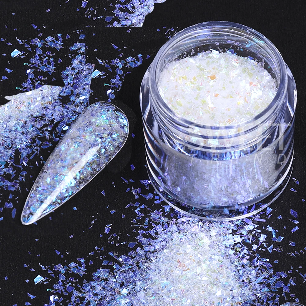 6 botellas de lentejuelas blancas iridiscentes para decoración de uñas, lentejuelas brillantes de sirena, Aurora, rodajas irregulares, escamas, lentejuelas, decoraciones para manicura