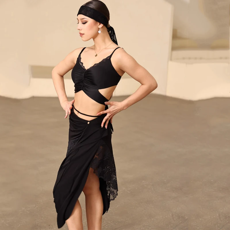 

Летняя сексуальная одежда для латинских танцев, женская топ на бретелях, кружевная юбка для взрослых, самба, танго, тренировочные костюмы для бальных танцев DW10823