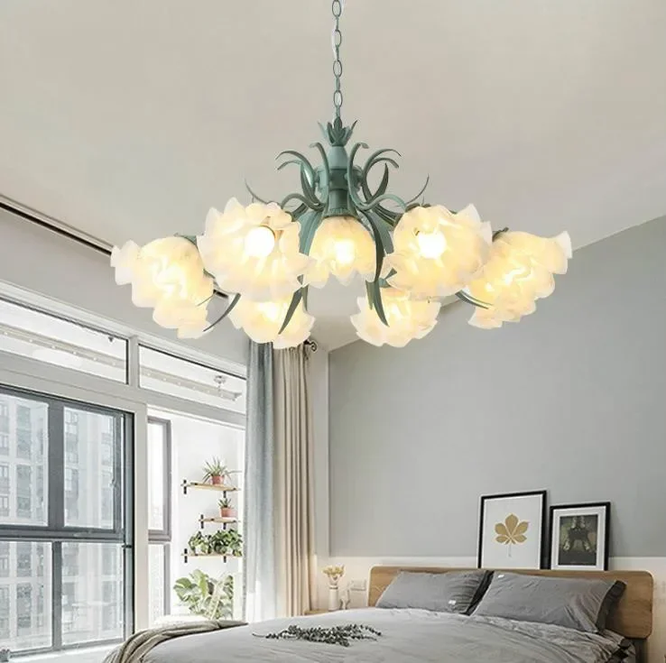 0O9 Creative bedroom chandelier living room lamp dining room lamp Korean pastoral style grass wrought iron flower lamp