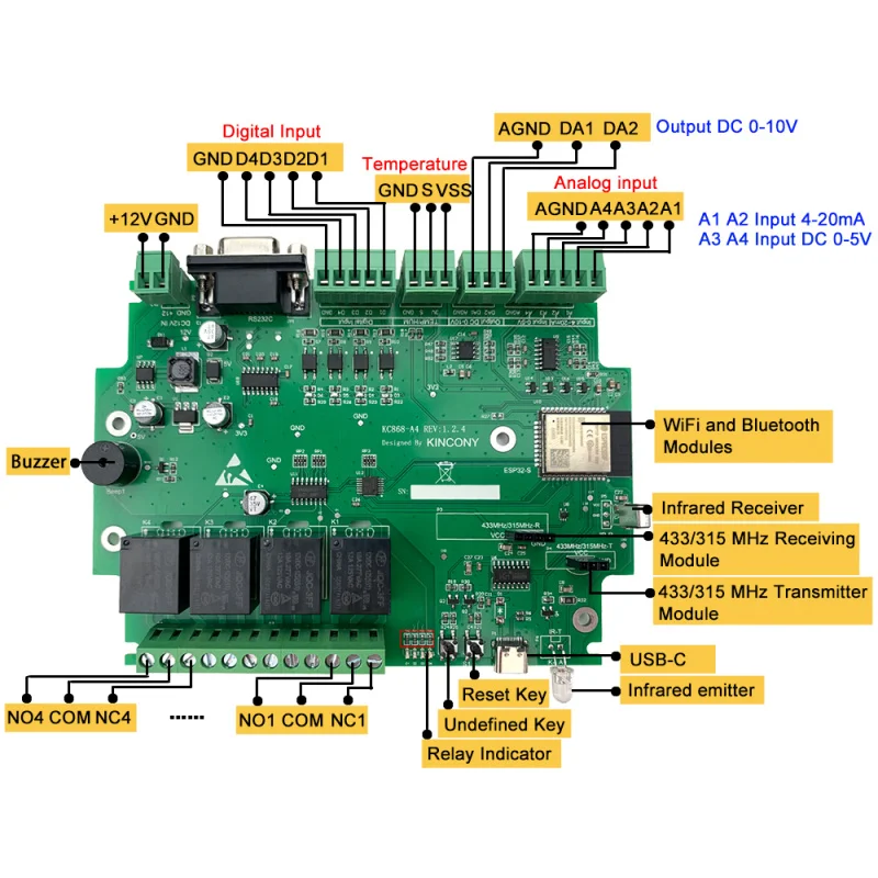 KC868-A4 Esp32 Board Wifi RS232 USB Relay Module ADC DAC IR RF 433M Temperature IDE