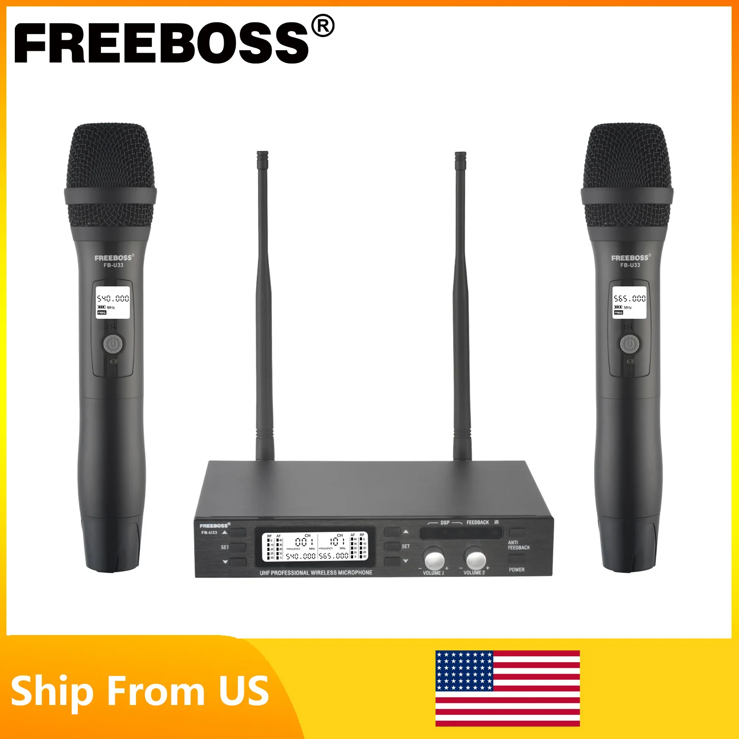 

FREEBOSS Anti-feedback Wireless Microphone UHF Adjustable Frequency Metal Handheld Dynamic Cordless Mic with Delay Effect FB-U33