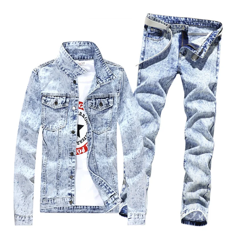 4 Pcs Set Hip Hop New Spring Autumn Men\'s Denim Jacket Holes Single Breasted Coat Jeans Pants with Shirt & Belt