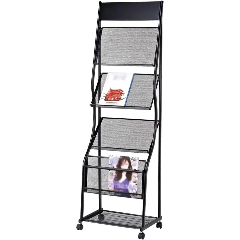 

Floor-Standing Brochure and Magazine Holder with Wheels, Black Display Stand for Publications and Product Exhibition