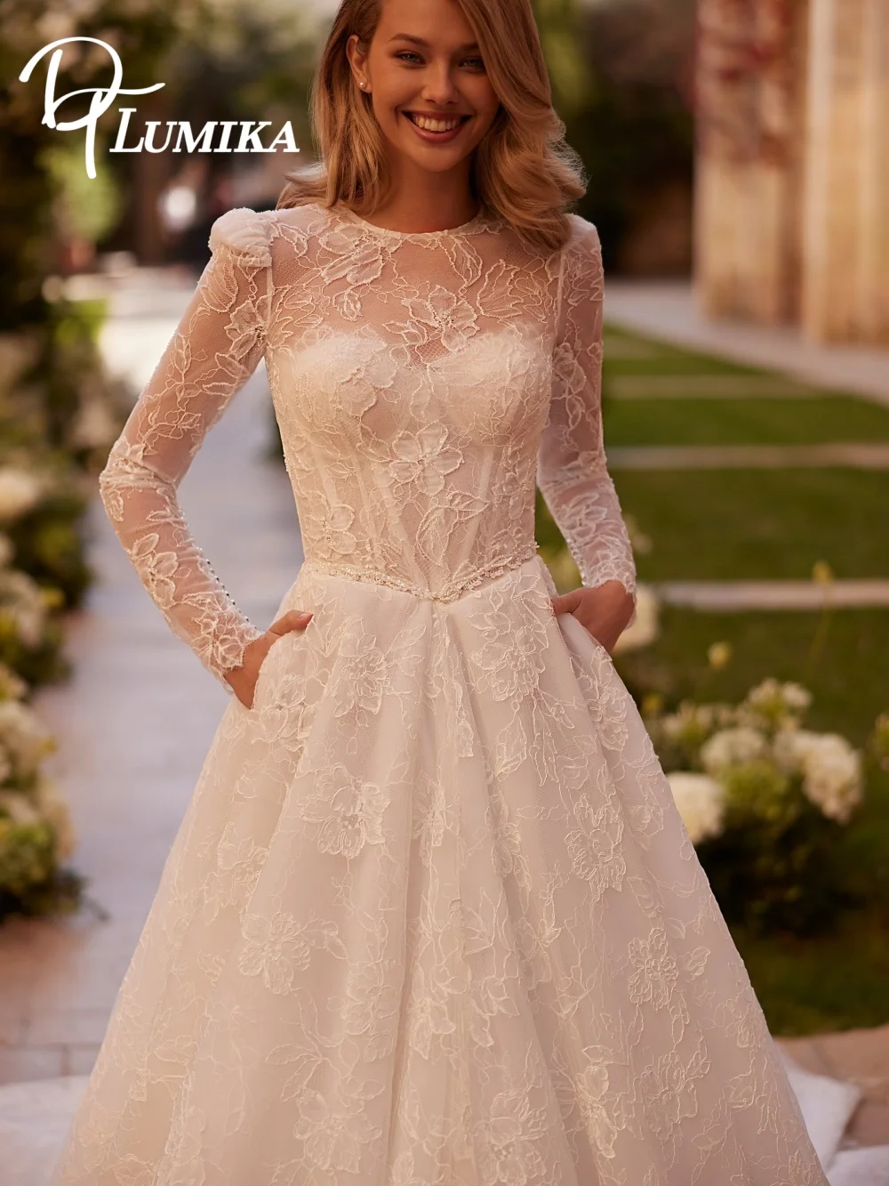 فستان زفاف كلاسيكي مزين 2026 كلاسيكي بأكمام طويلة فستان زفاف الكنيسة أنيق على شكل حرف a تول طول الأرض مخصص