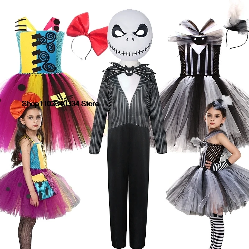 Dzieci dziewczyny Jack Skellington kostiumy na Halloween dziewczyna koszmar ubrania garnitur dziecko Sally czarownica Cosplay fantazyjne ubrania