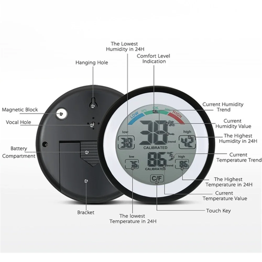 Digital Thermometer Hygrometer Magnetic Household LCD Touch Screen Temperature Humidity Meter for Home Car Weather Station