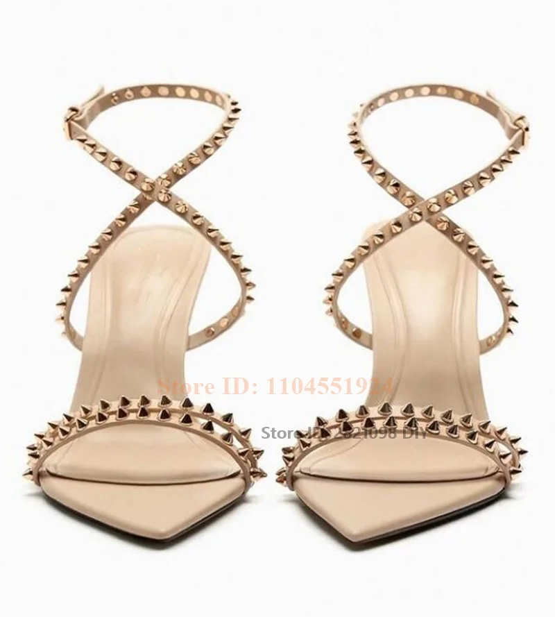 

Criss Cross Stiletto Pointed Toe Gold Stud Ankle Slim Heel Women's High Heel Sandals Summer Sexy Rivet Heeled Party Shoes