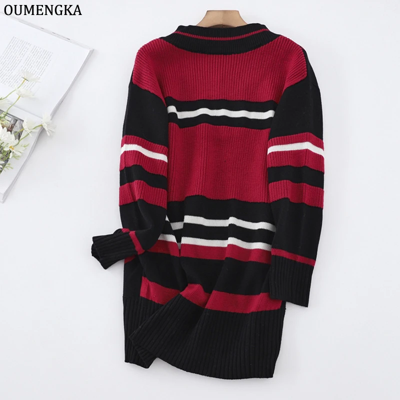 Korean Women's Long Sweater Loose V-Neck Preppy Warm Stripe Soft Pullover Knitwear Quality Female Jumper Tops Autumn Winter 2023