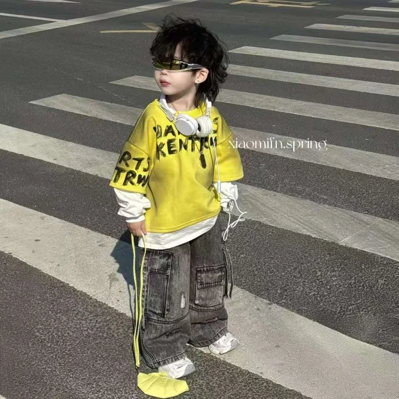 

Boys Two-piece Set 2026 Spring New Children's Splicing Yellow Letter T-shirt Sweater Korean Version Retro Casual Loose Jeans Set