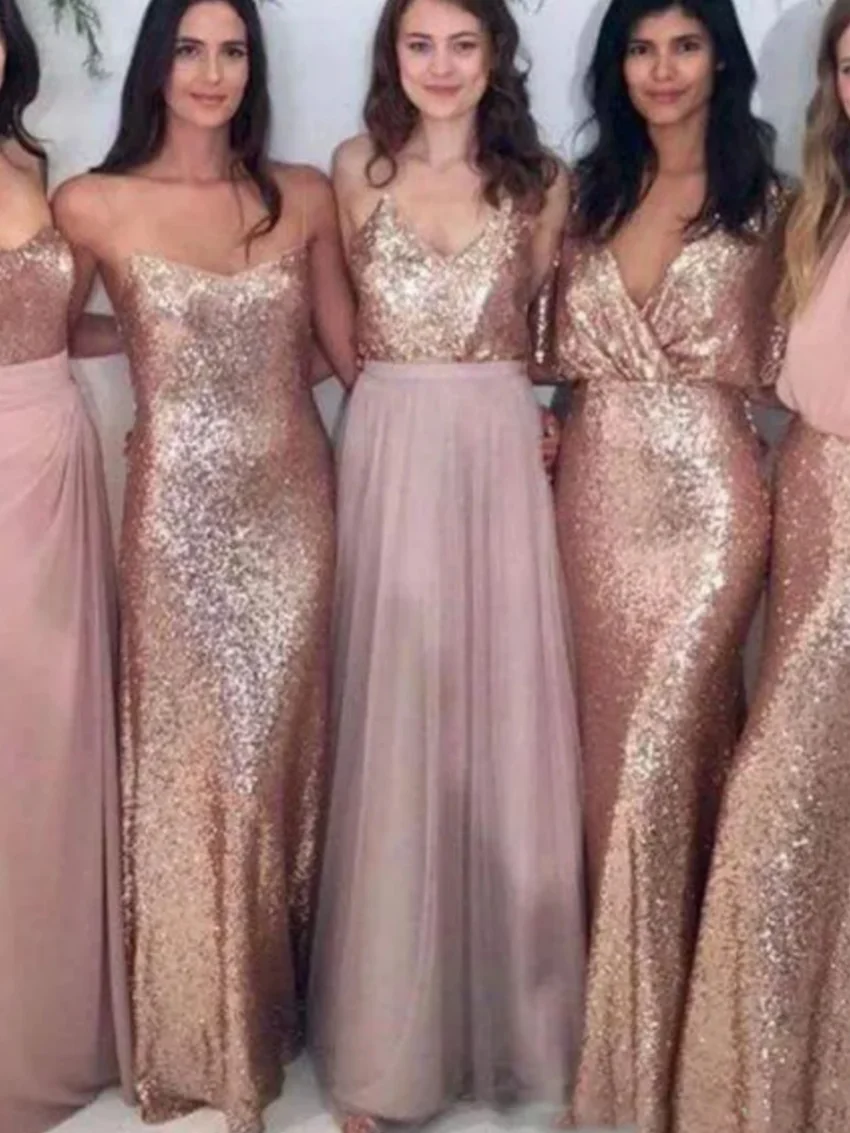 Eleganti 5 stili di abiti lunghi da damigella d'onore 2024 abito estivo a coda di pesce in chiffon con paillettes abito da damigella d'onore economico da sposa