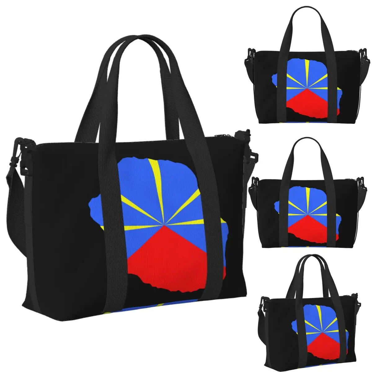 

Custom 974 Reunion Island Flag Beach Travel Bag Large Capacity Tote Bags for Gym Sport Women Shopping Duffle Shoulder Bag