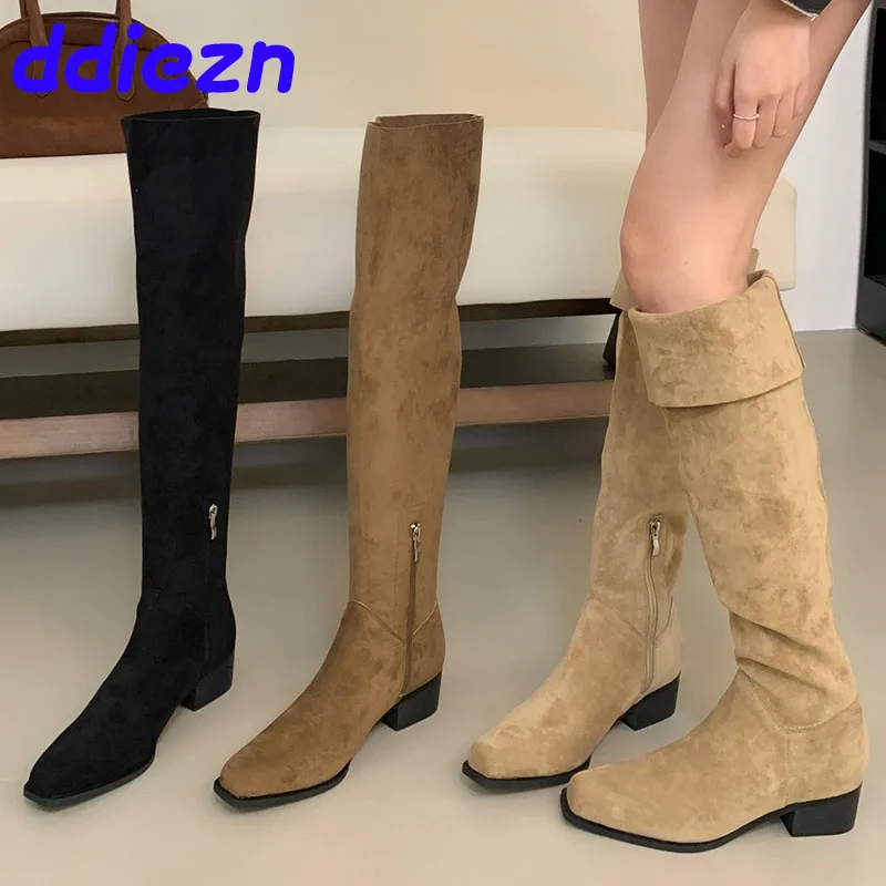 

Fashion Pleated Women Knee High Boots With 5cm Heels Shoes Female Square Toe Footwear Ladies Western Long Booties Zippers Shoes