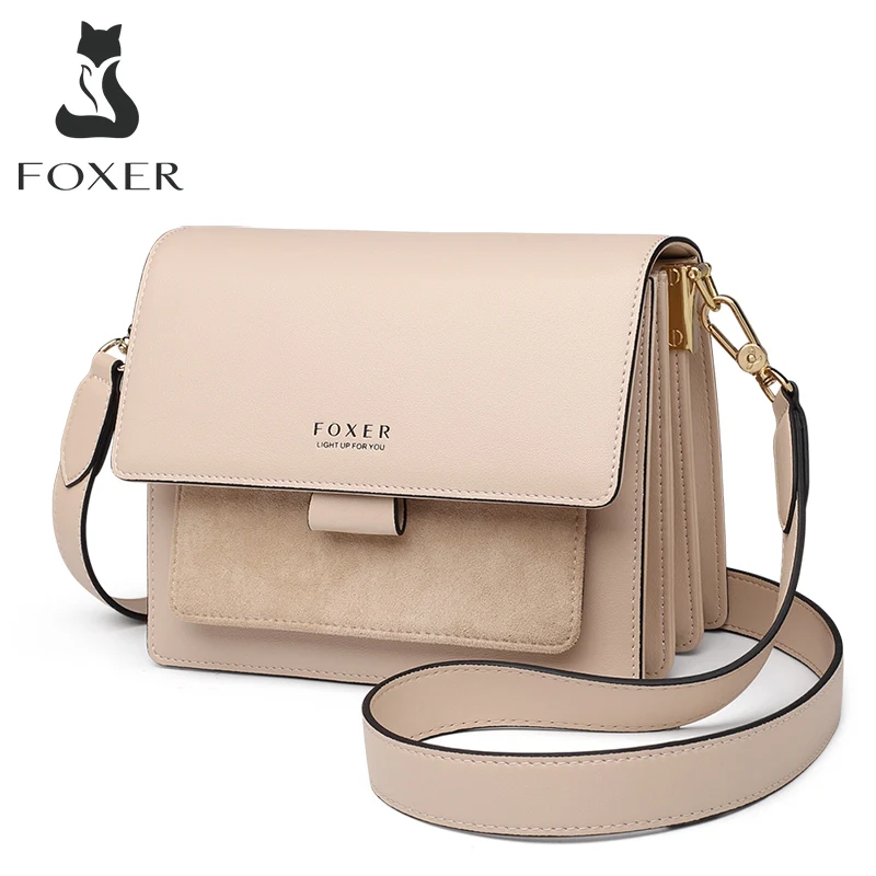 FOXER Women Fashion Crossbody Shoulder Bag Lady Split Leather Small Messenger Organ Bag Lady Flap Special Day Present Gift