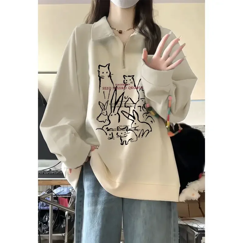 

Women Kawaii Preppy Style Turn Down Collar Half Zipper Sudadera Mujer Y2k Sweet Loose Sweatshirts Rabbit Print Coats American