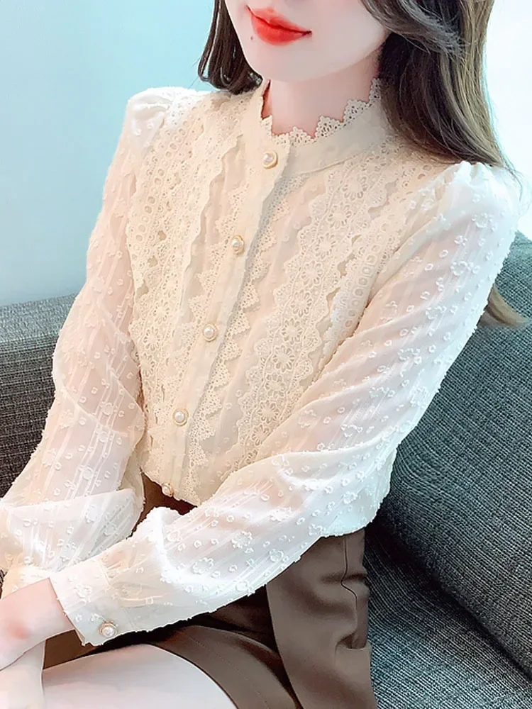 Fashion Long Sleeve White Lace Blouse Shirt Women Tops Blusas Mujer De Moda 2024 Elegantes Stand Collar Blouse Women Blusa H255