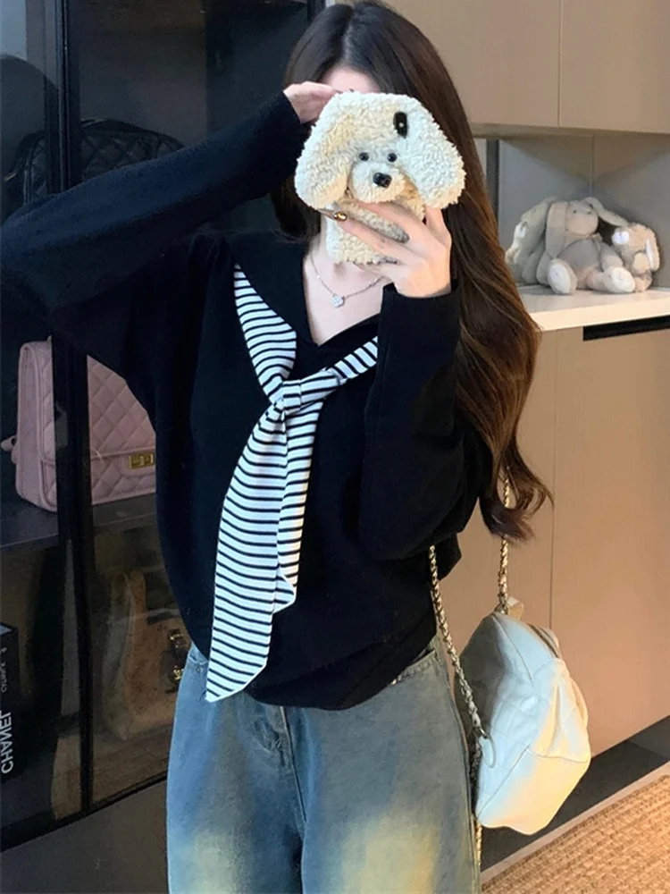 

plus Size Navy Collar Striped Long Sleeve Knitted T-Shirt Loose Slimming Design Autumn Winter Women's Fashion Casual Top