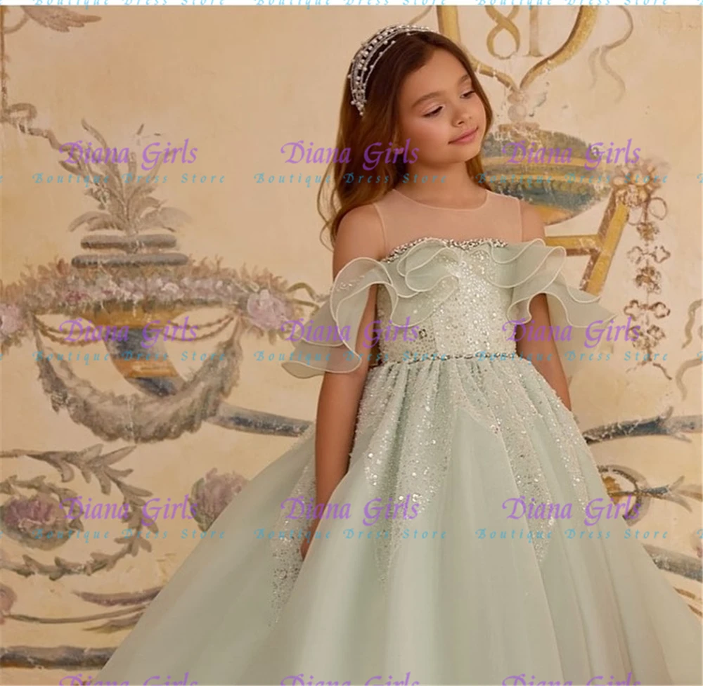 

Quality Elegant Green TUlle Flower Girl Dress Floral Appliques Elegant Floor Length Princess Birthday Party Evening Ball Gowns