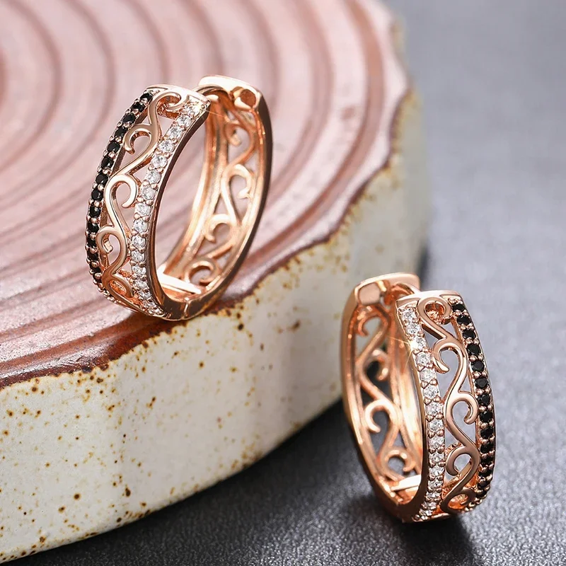 Huitan White/Black CZ Rose Gold Color Hoop Earrings for Women Hollow Out Pattern Aesthetic Female Earrings Wedding Trend Jewelry