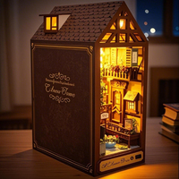 Wooden Model Bookshelf DIY Miniature Doll House Building with Light Bookshelf Insert 3D Puzzle Assembly Bookend Gifts Home Decor