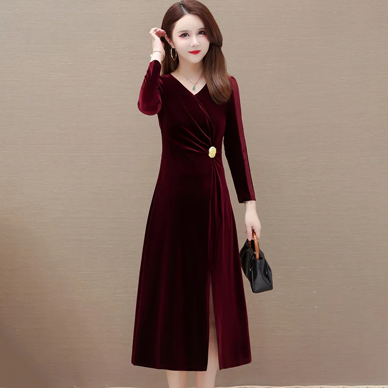 

A140Women's spring and autumn clothing, golden velvet long sleeved dress, ethnic style retro cheongsam dress, mother's clothing