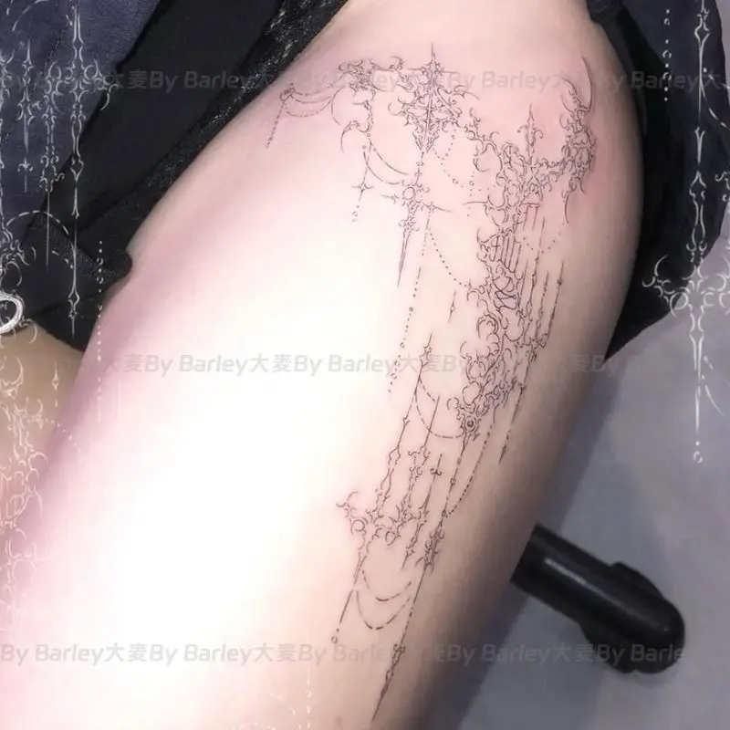 Herbal Star Tassel Temporary Tattoo for Women Man Thigh Sexy Sword Design Waterproof Fake Tattoo Sticker Punk Art Tattoos
