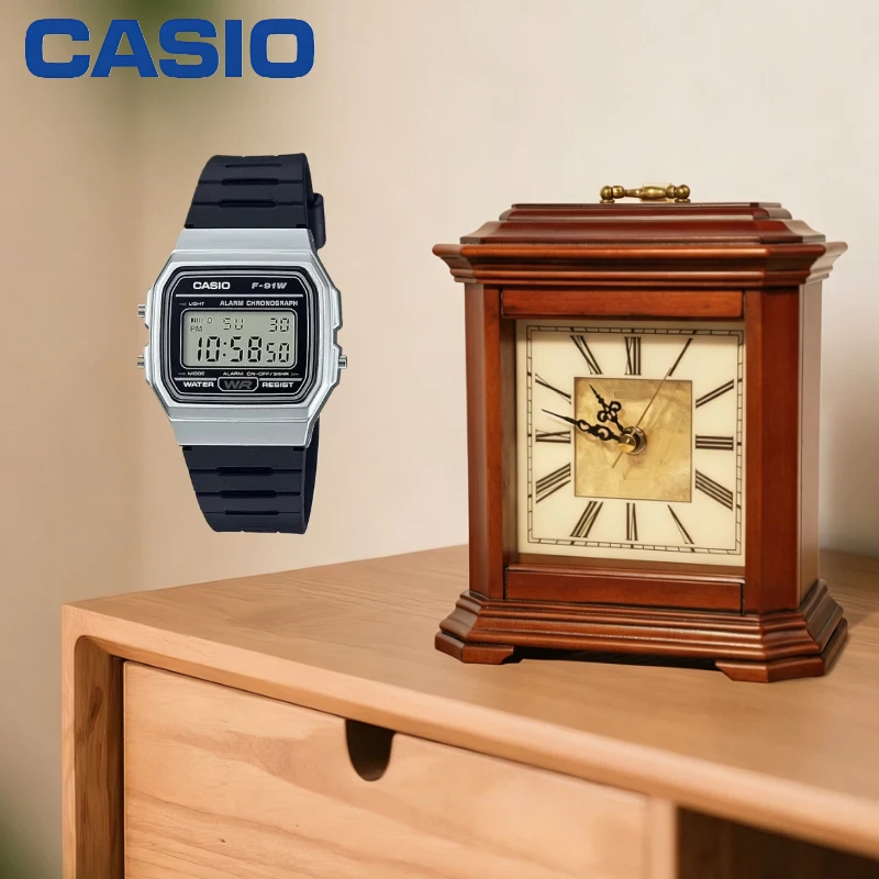 Casio F91W Vintage Square Electronic Watch Black Resin Strap Multifunction Stopwatch Calendar Waterproof Casual Men Wrist Watch
