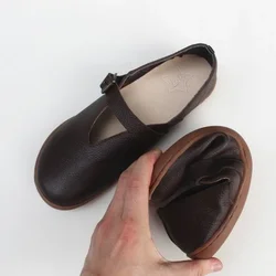 Summer/autumn genuine leather mary janes retro women's shoes cowhide flat soft-soled single shoes wide toe Zero Drop Sole shoes